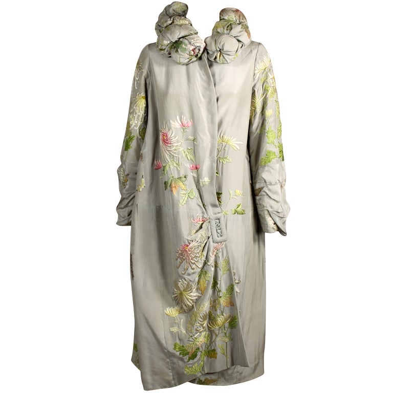 1920's Dove Grey Silk Coat with Asian Embroidery