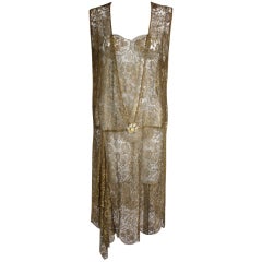1920s Gold Lamé Lace Dress with Flower Detail