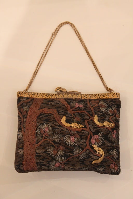 1920s Multi-color Metallic Embroidered Evening Bag with Squirrels