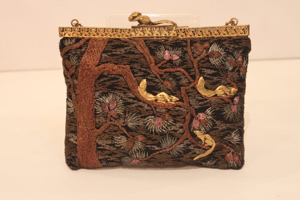 Women's 1920s Hand Embroidered Evening Bag with Squirrels