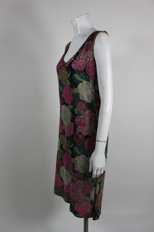 Black 1920s Kaphan Hand-Beaded Floral Lamé Party Dress For Sale