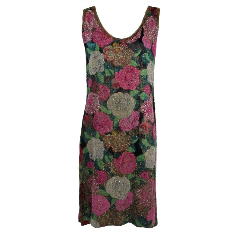 1920s Kaphan Hand-Beaded Floral Lamé Party Dress For Sale