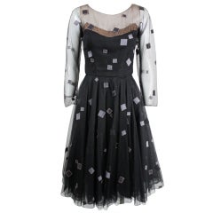 Vintage 1950’s Sophie of Saks Tulle Cocktail Dress with Geometric Embroi
