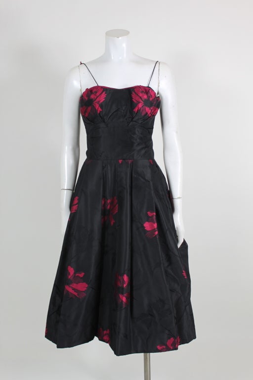 1950s Black and Fuchsia Floral Silk Taffeta Cocktail Dress