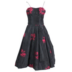 1950s Black and Fuchsia Floral Silk Taffeta Cocktail Dress