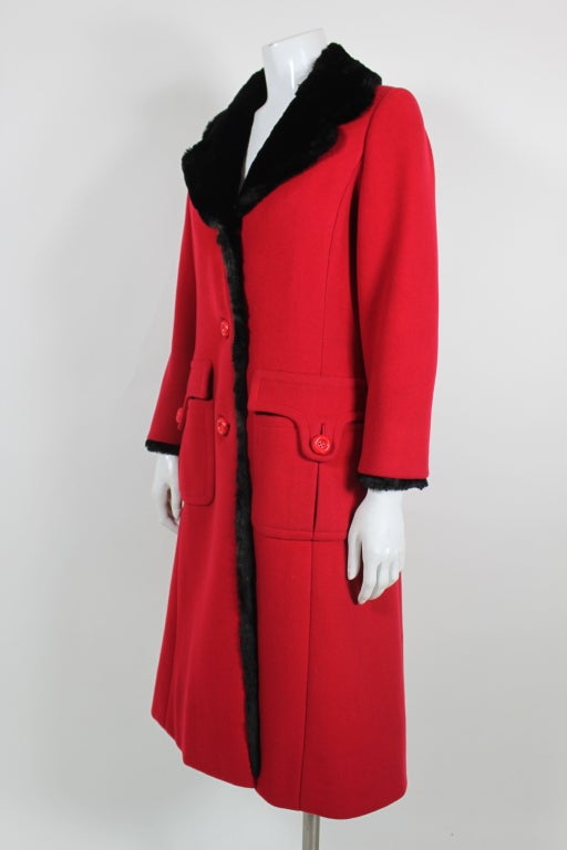 Balmain 1960s Lipstick Red Coat with Fur Trim In Good Condition For Sale In Los Angeles, CA
