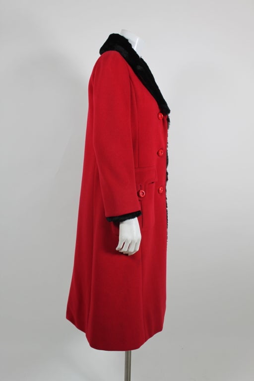 Balmain 1960s Lipstick Red Coat with Fur Trim For Sale 1