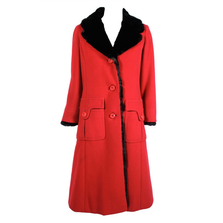 Balmain 1960s Lipstick Red Coat with Fur Trim For Sale