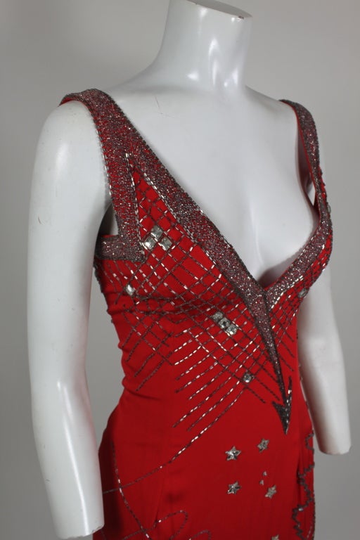 1980's Fabrice Red Silk Beaded Cocktail Dress 4