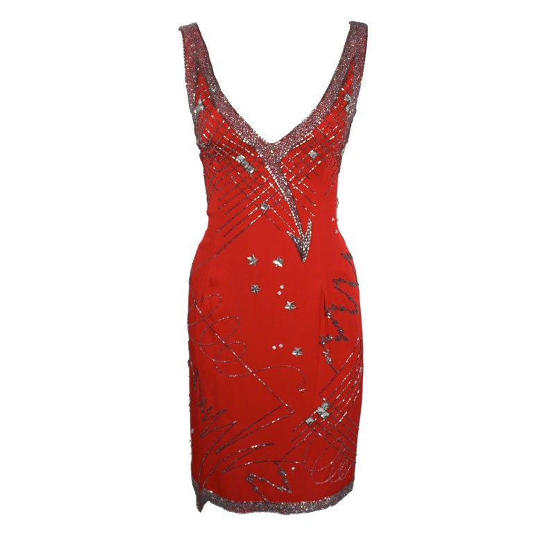 1980's Fabrice Red Silk Beaded Cocktail Dress