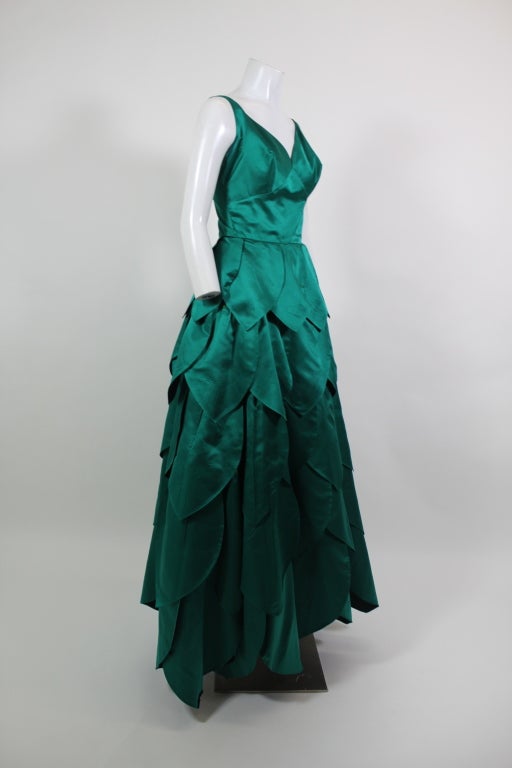 green satin evening gown