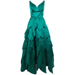 Vintage 1950’s Emerald Green Satin Ball Gown with Petal Skirt