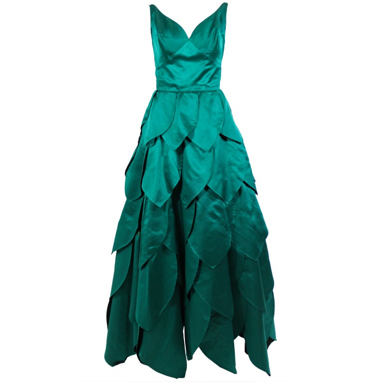 1950’s Emerald Green Satin Ball Gown with Petal Skirt For Sale
