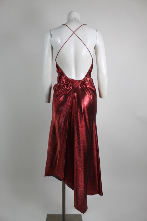 1970s Hollys Harp Red Lamé Gown with Marabou Jacket 1
