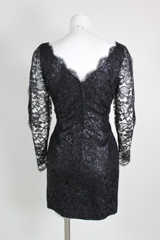 Azzaro 1980s Black Metallic Lace Cocktail Dress In Excellent Condition For Sale In Los Angeles, CA