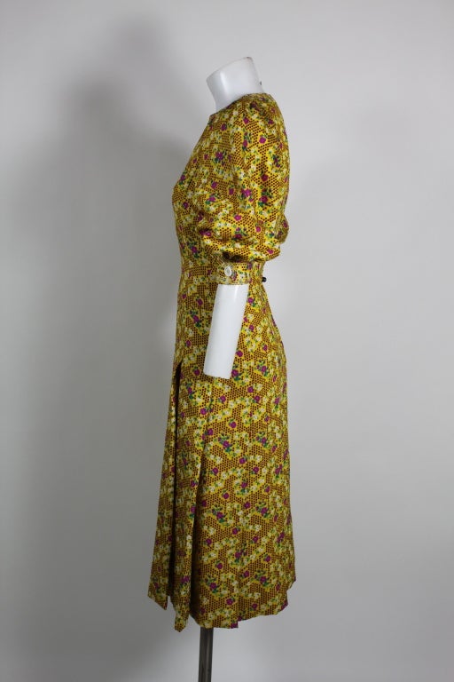 Brown Galanos silk floral print dress For Sale