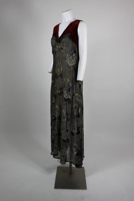 Black 1920s Gold Lamé with Red Velvet Couture Gown For Sale