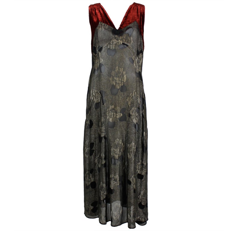 1920s Gold Lamé with Red Velvet Couture Gown For Sale