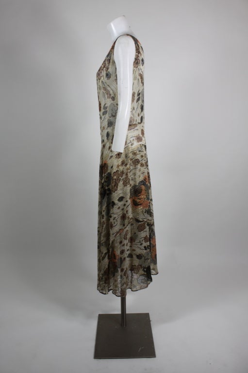 Brown 1930s Gold Lamé Floral Print Chiffon Gown For Sale