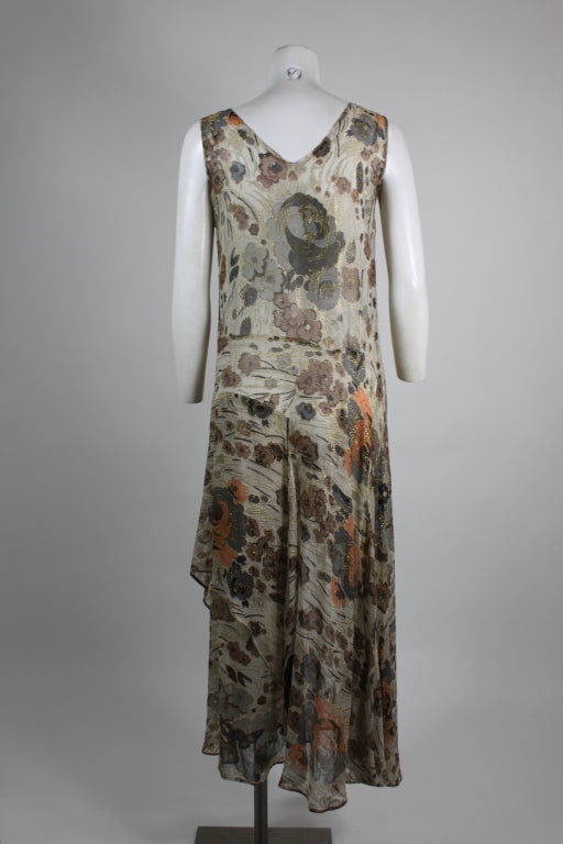 1930s Gold Lamé Floral Print Chiffon Gown In Excellent Condition For Sale In Los Angeles, CA