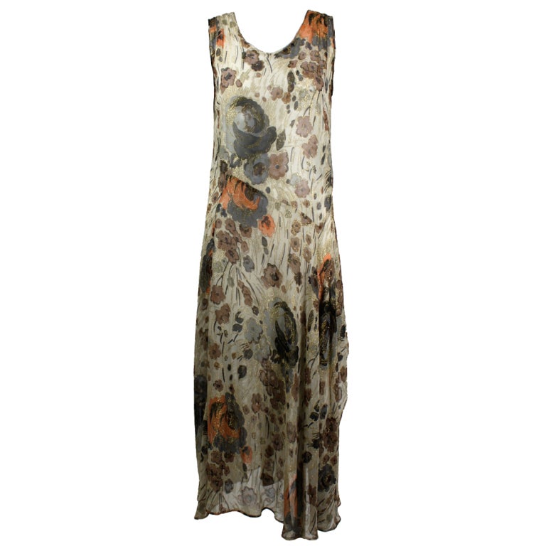 1930s Gold Lamé Floral Print Chiffon Gown For Sale