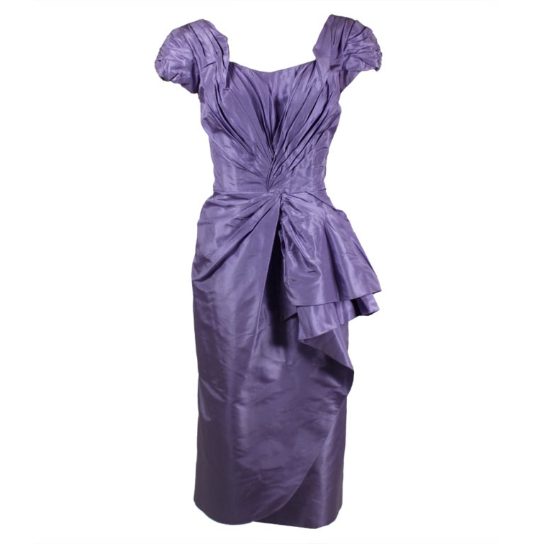 Ceil Chapman 1950s Lilac Silk Taffeta Cocktail Dress