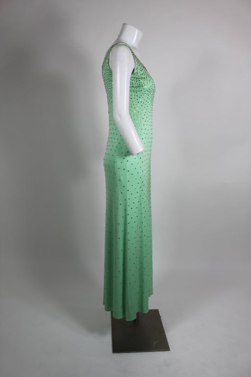 Adele Simpson Mint Green Gown with Rhinestones In Excellent Condition For Sale In Los Angeles, CA
