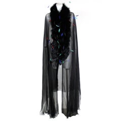 Vintage Balestra Black Chiffon Cape with Multi Colored Feathers