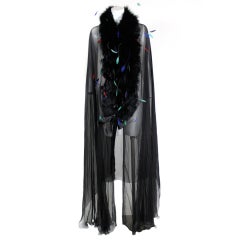 Balestra Black Chiffon Cape with Multi Colored Feathers