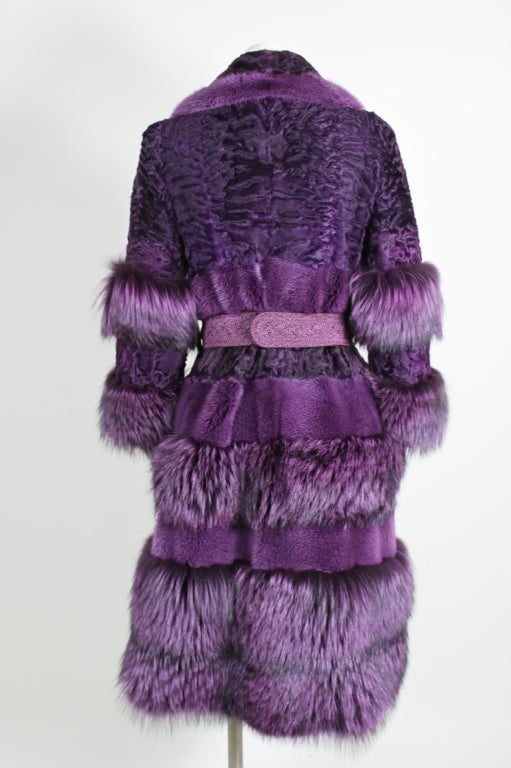 Women's Bill Blass Purple Fox Fur & Curly Lamb Coat with Belt