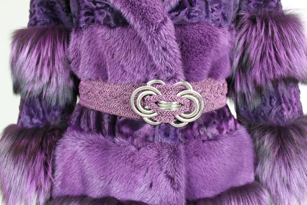 Bill Blass Purple Fox Fur & Curly Lamb Coat with Belt 1