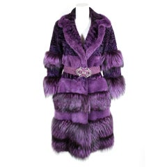 Bill Blass Purple Fox Fur & Curly Lamb Coat with Belt