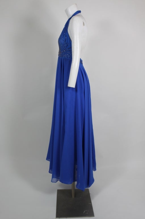 Blue Mr. Blackwell Rhinestone Encrusted Halter Gown with Chiffon Wrap For Sale