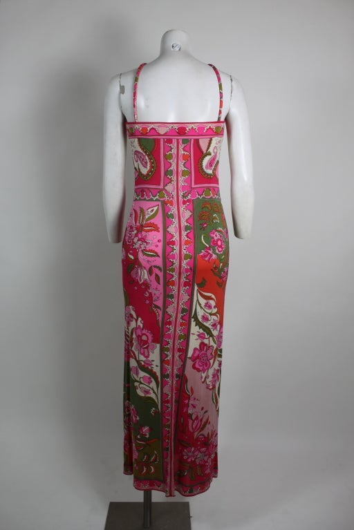 Brown 1960s Pucci Pink Silk Jersey Floral Halter Maxi Dress