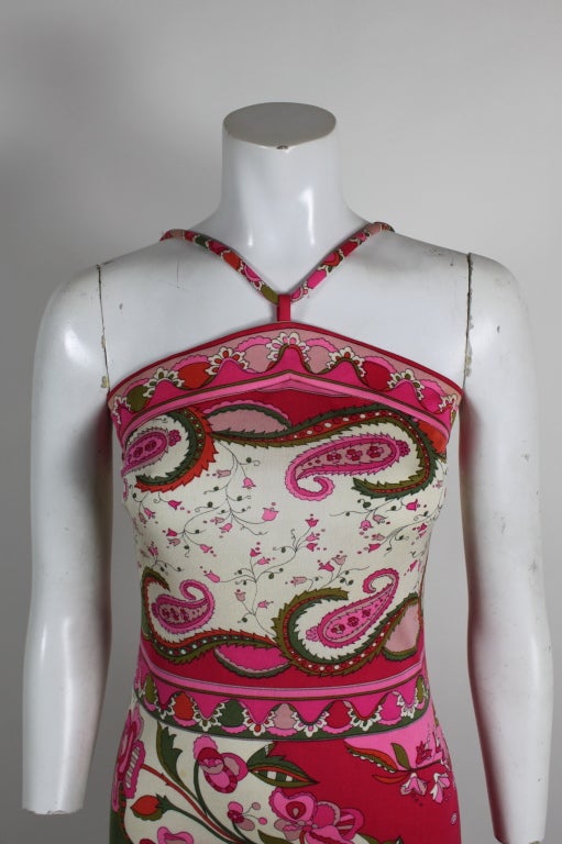 1960s Pucci Pink Silk Jersey Floral Halter Maxi Dress In Excellent Condition In Los Angeles, CA