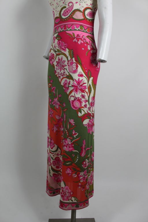 1960s Pucci Pink Silk Jersey Floral Halter Maxi Dress 1