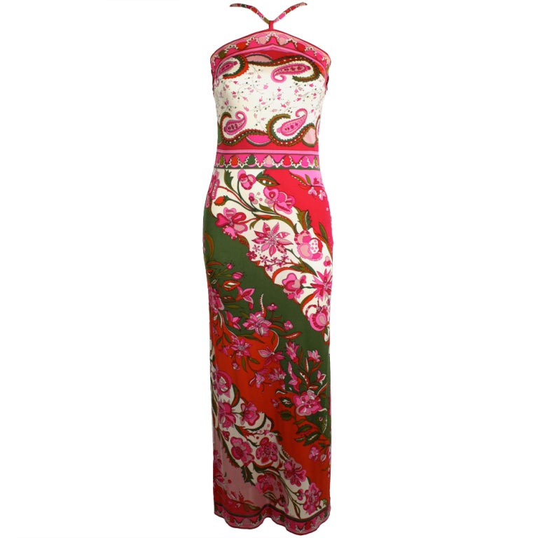 1960s Pucci Pink Silk Jersey Floral Halter Maxi Dress