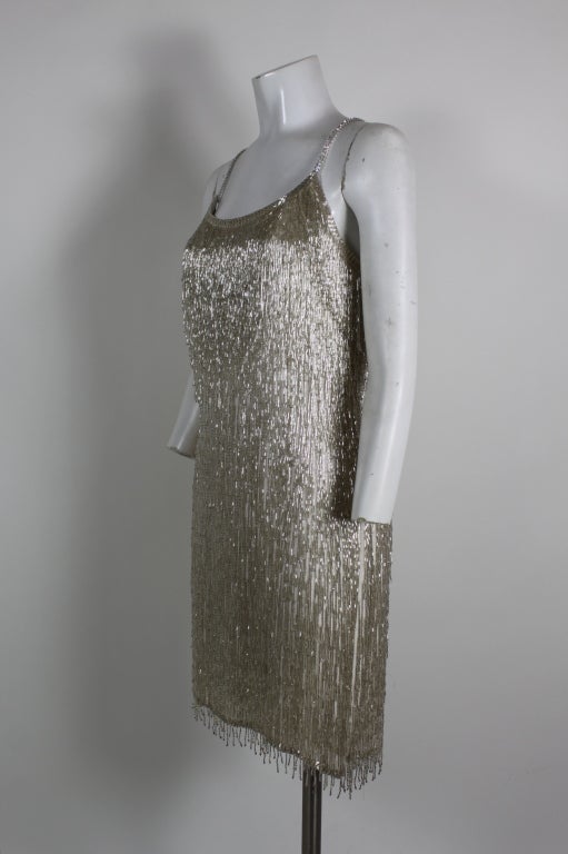 1980's Bugle Bead Fringed Party Dress with Rhinestone Straps at 1stdibs