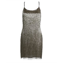 1980's Bugle Bead Fringed Party Dress with Rhinestone Straps