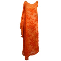 1920s Vibrant Orange Burnout Velvet Asymmetrical Dress