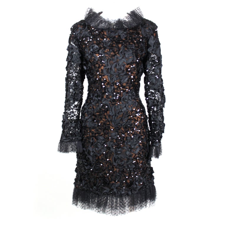 Yves Saint Laurent Black Ribbon & Sequin Party Dress For Sale