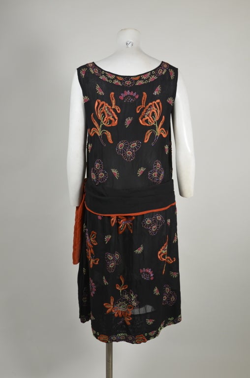 Black 1920s Silk Chiffon Botanical Beaded Dress with Pleated Sash For Sale