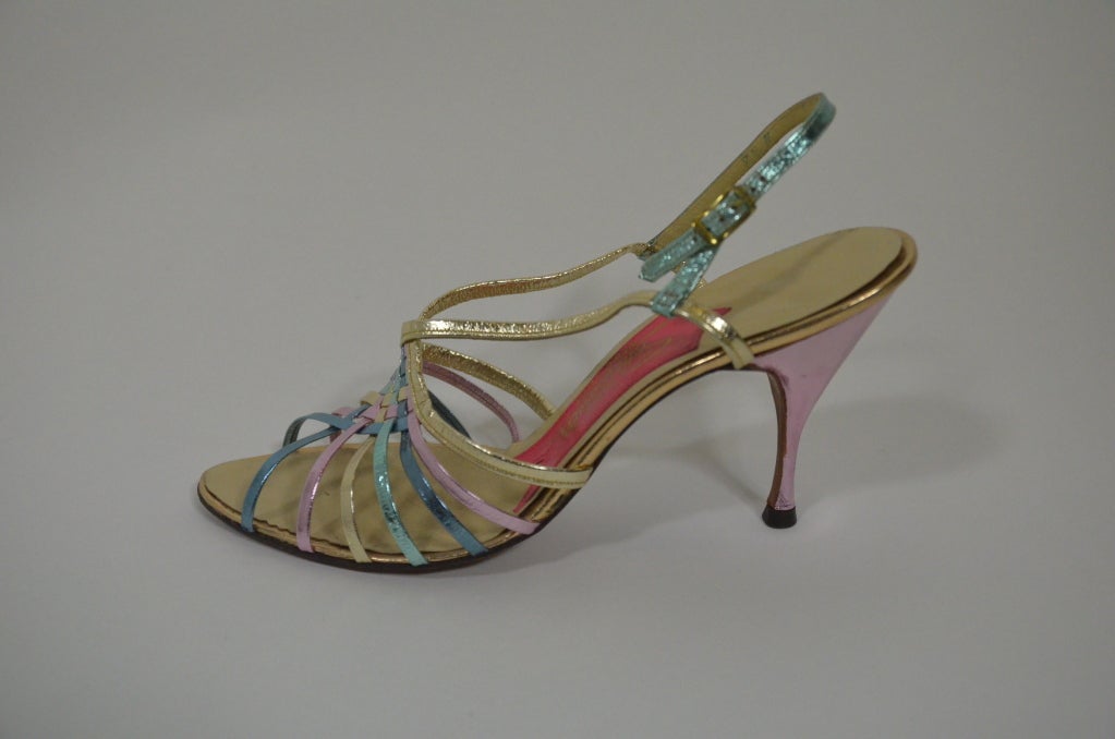 Schiaparelli Rainbow Metallic Strappy Sandals. Women's size 7.5