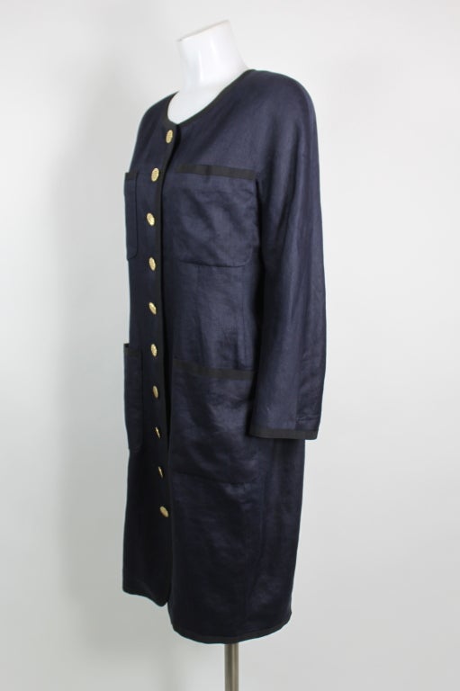 Black Chanel 1980s Navy Linen Coat Dress with Gold Quilted Buttons For Sale