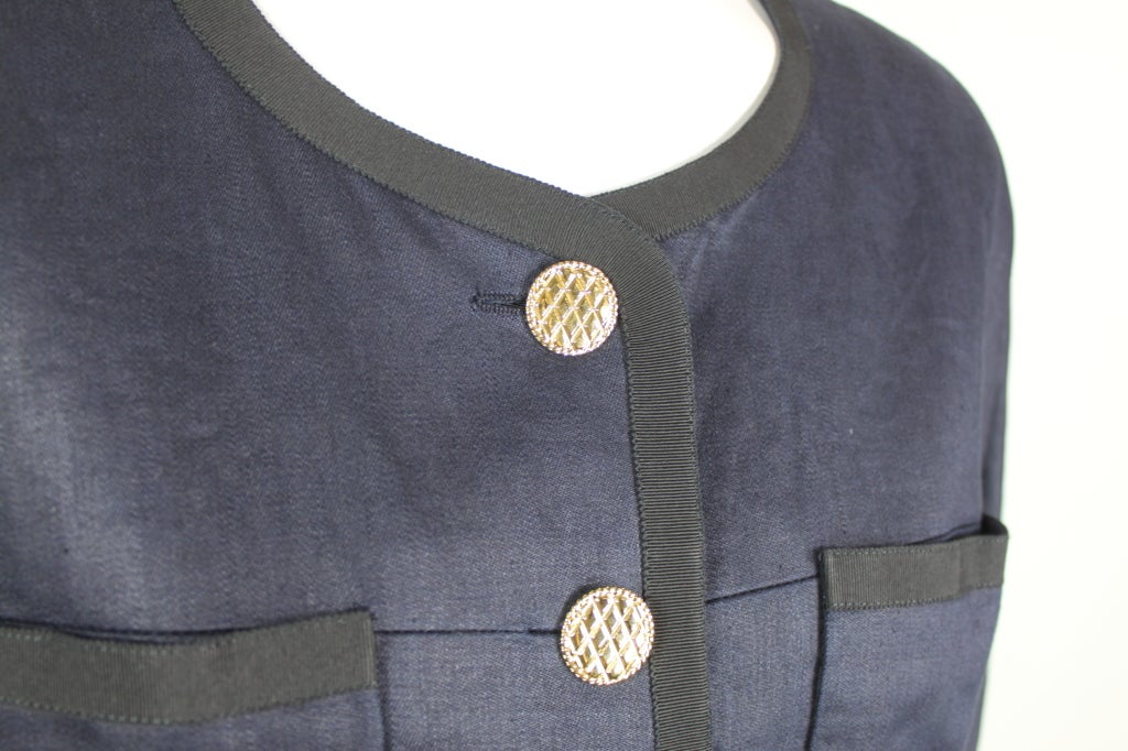 Women's Chanel 1980s Navy Linen Coat Dress with Gold Quilted Buttons For Sale