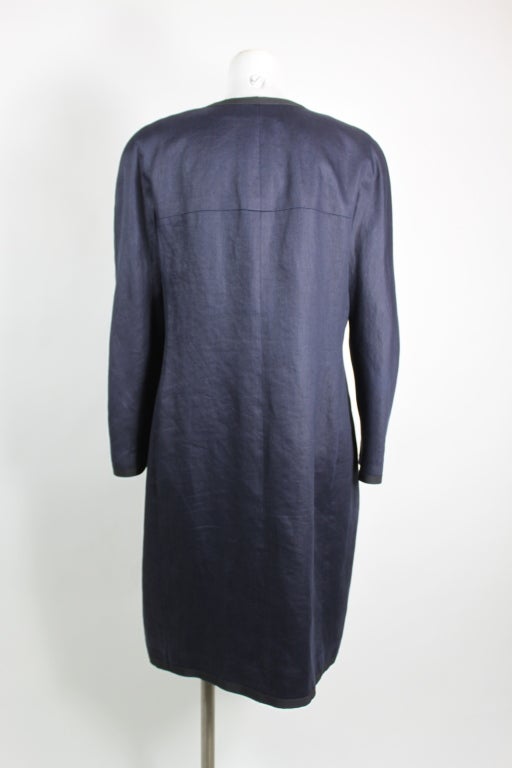 Chanel 1980s Navy Linen Coat Dress with Gold Quilted Buttons For Sale 1