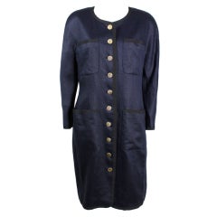 Chanel 1980s Navy Linen Coat Dress with Gold Quilted Buttons