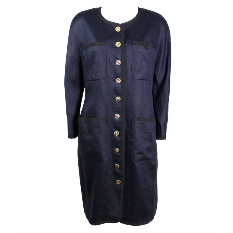 Chanel 1980s Navy Linen Coat Dress with Gold Quilted Buttons For Sale