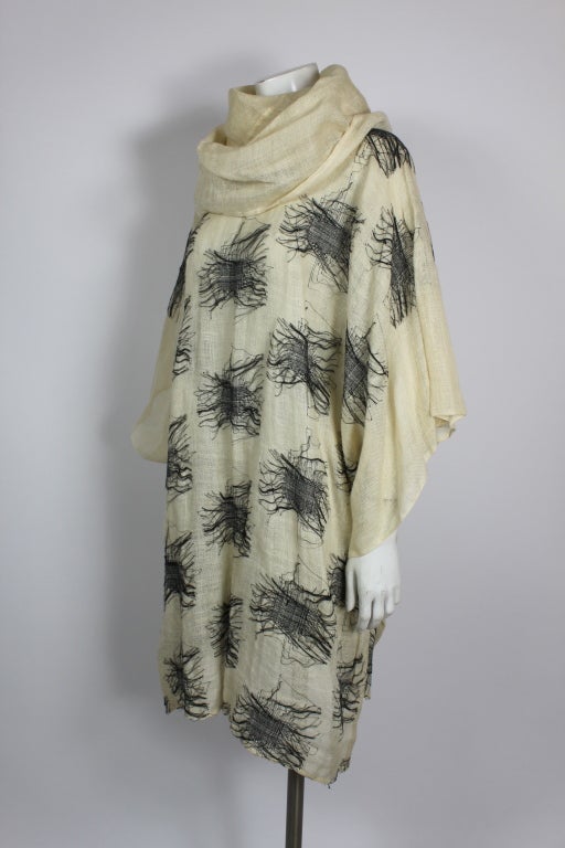 Beige Castelbajac Ecru and Black Embroidered Linen Tunic For Sale