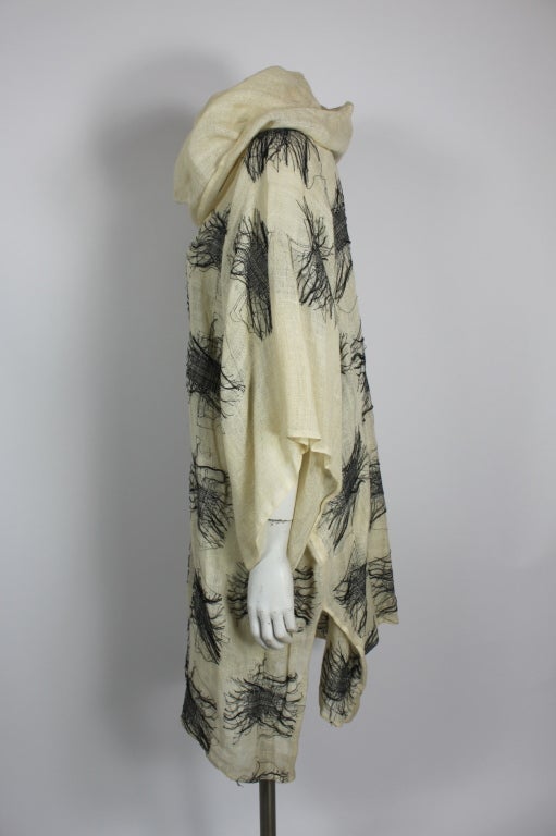 Castelbajac Ecru and Black Embroidered Linen Tunic In Excellent Condition For Sale In Los Angeles, CA
